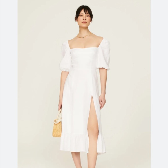 REFORMATION VIRAL BELGIUM 100% LINEN WHITE MIDI DRESS SLIT PUFF SLEEVES SIZE 4 - Picture 2 of 4